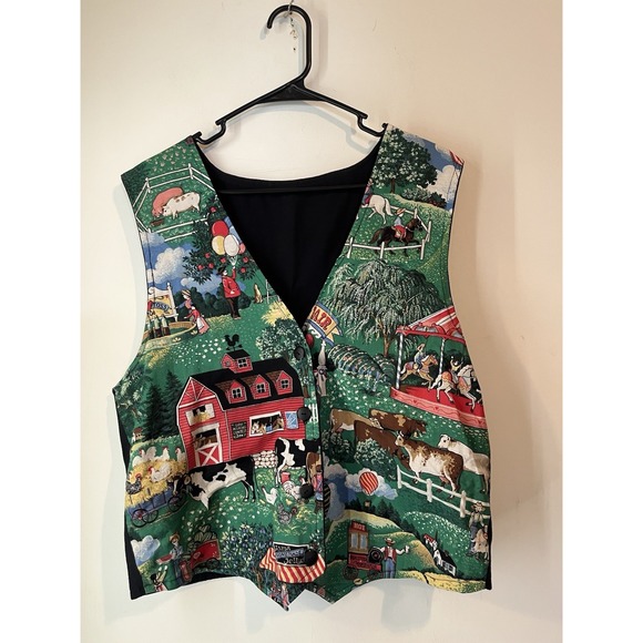 Vintage Jackets & Blazers - Vintage 90s Country Primitive Womens XL Farmhouse Carnival All Over Print Vest